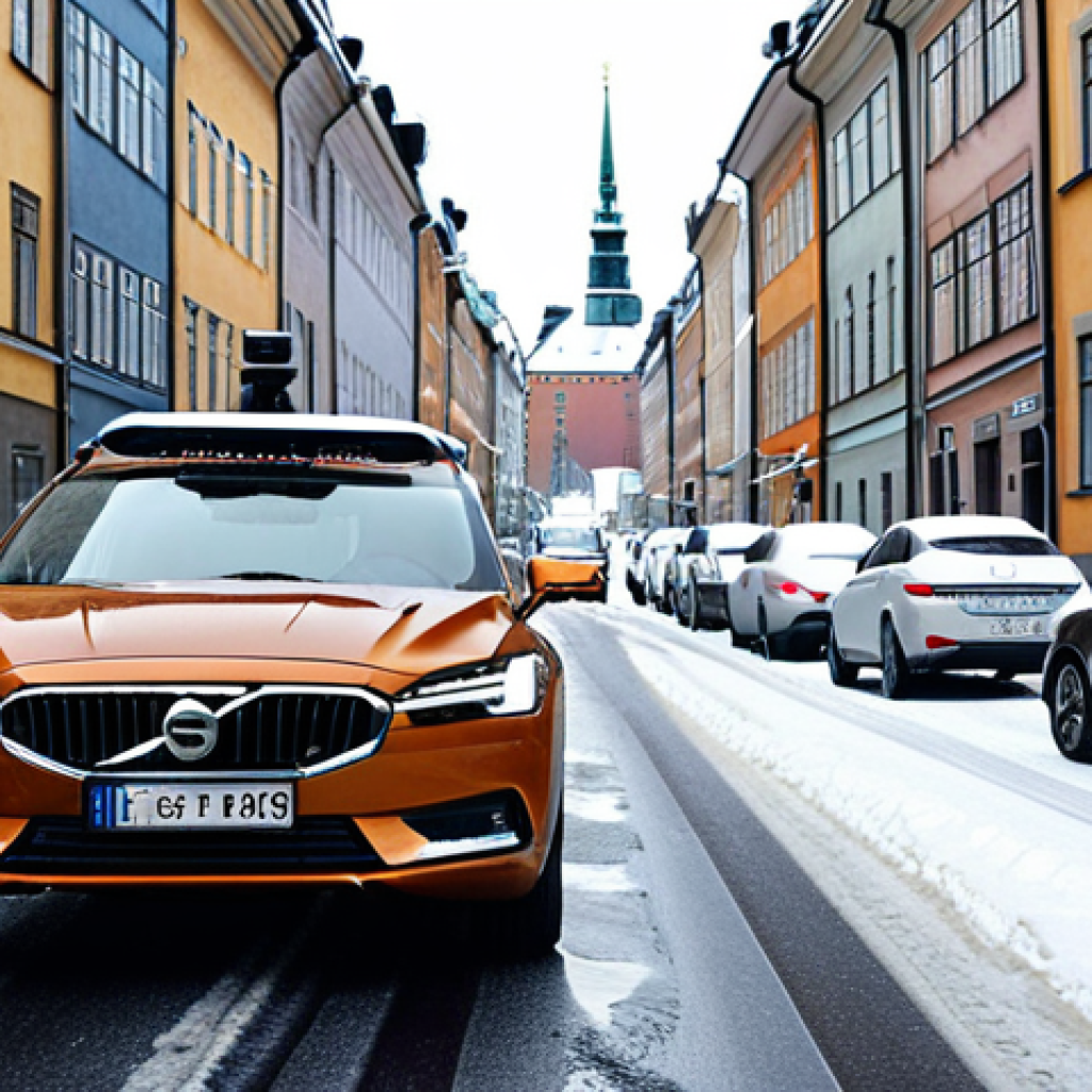 **

A sleek, modern self-driving car navigating a snowy Stockholm street. The car is surrounded by other vehicles and pedestrians, and the iconic architecture of Gamla Stan can be seen in the background. Emphasize the sensors (cameras, radar, lidar) on the car and the clear road markings.  The scene evokes a sense of futuristic efficiency and safety despite the challenging weather conditions typical of Sweden.

**