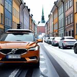 **

A sleek, modern self-driving car navigating a snowy Stockholm street. The car is surrounded by other vehicles and pedestrians, and the iconic architecture of Gamla Stan can be seen in the background. Emphasize the sensors (cameras, radar, lidar) on the car and the clear road markings.  The scene evokes a sense of futuristic efficiency and safety despite the challenging weather conditions typical of Sweden.

**