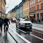 **

A self-driving car navigating a chaotic Stockholm street scene. Götgatan on a Friday afternoon. Show cyclists weaving, pedestrians jaywalking, buses stopping unexpectedly. Overcast, rainy weather. Focus on the sensors (cameras, lidar) struggling to see through the conditions.

**