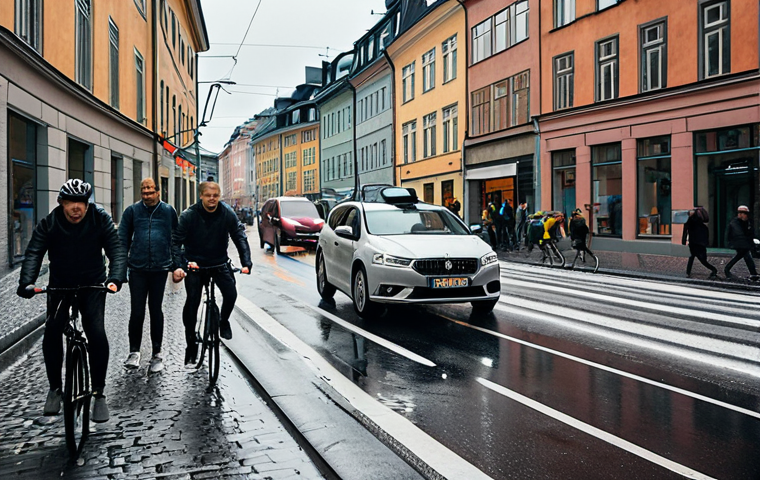 **

A self-driving car navigating a chaotic Stockholm street scene. Götgatan on a Friday afternoon. Show cyclists weaving, pedestrians jaywalking, buses stopping unexpectedly. Overcast, rainy weather. Focus on the sensors (cameras, lidar) struggling to see through the conditions.

**