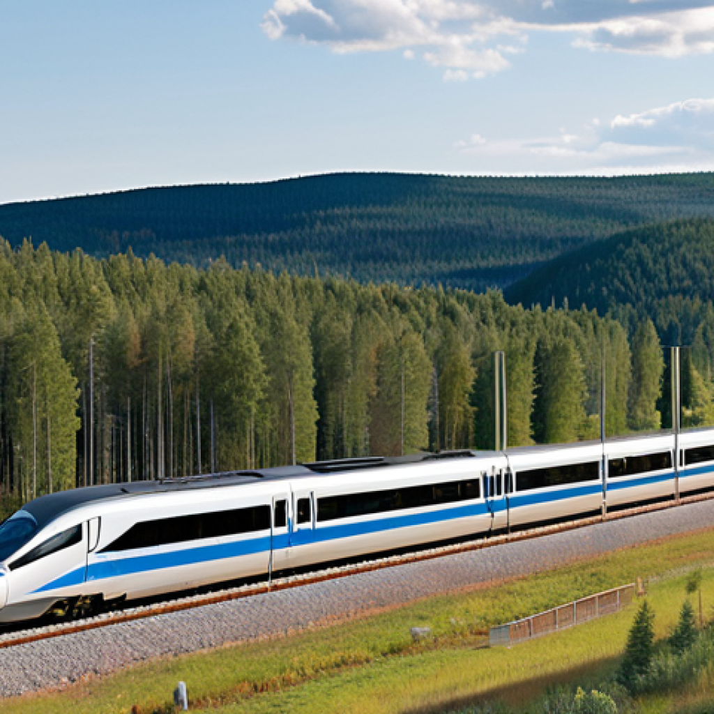 **

A modern high-speed train speeding through a scenic Swedish landscape with rolling hills and forests in Dalarna. Focus on the train's sleek design and integration with the environment. In the background, show faint ski slopes suggesting tourism and regional development.

**