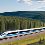 **

A modern high-speed train speeding through a scenic Swedish landscape with rolling hills and forests in Dalarna. Focus on the train's sleek design and integration with the environment. In the background, show faint ski slopes suggesting tourism and regional development.

**
