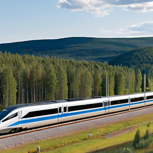 Home 17 **
A modern high-speed train speeding through a scenic Swedish landscape with rolling hills and forests in Dalarna. Focus on the train's sleek design and integration with the environment. In the background, show faint ski slopes suggesting tourism and regional development.
**