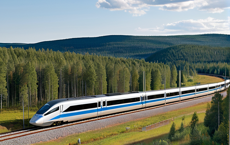 **

A modern high-speed train speeding through a scenic Swedish landscape with rolling hills and forests in Dalarna. Focus on the train's sleek design and integration with the environment. In the background, show faint ski slopes suggesting tourism and regional development.

**