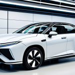A sleek, modern hydrogen fuel cell vehicle (FCEV) with a futuristic design, prominently displayed in a pristine, brightly lit high-tech automotive research facility. The environment emphasizes innovation, clean energy, and advanced engineering, with minimalist white walls and subtle digital displays in the background. The vehicle is presented with professional photography, showcasing its efficiency and sophisticated aesthetics. Perfect anatomy, correct proportions, natural pose, fully clothed, modest clothing, appropriate attire, professional dress, safe for work, appropriate content, family-friendly.