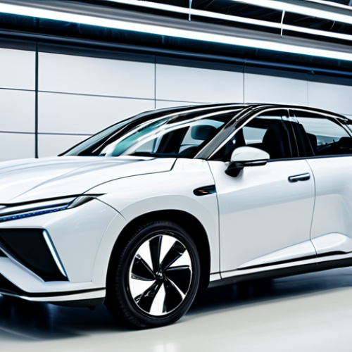 A sleek, modern hydrogen fuel cell vehicle (FCEV) with a futuristic design, prominently displayed in a pristine, brightly lit high-tech automotive research facility. The environment emphasizes innovation, clean energy, and advanced engineering, with minimalist white walls and subtle digital displays in the background. The vehicle is presented with professional photography, showcasing its efficiency and sophisticated aesthetics. Perfect anatomy, correct proportions, natural pose, fully clothed, modest clothing, appropriate attire, professional dress, safe for work, appropriate content, family-friendly.